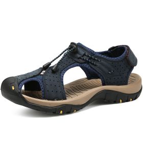 Men Summer Sandal Cow Leather Hiking Sandal Man Beach Sandal Outdoor Casual Shoe High Quality Leather Aqua Shoes Plus Size 46 (Color: Navy)