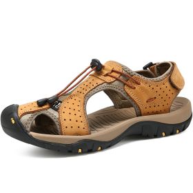 Men Summer Sandal Cow Leather Hiking Sandal Man Beach Sandal Outdoor Casual Shoe High Quality Leather Aqua Shoes Plus Size 46 (Color: Camel)