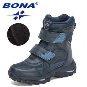 BONA 2022 New Designers Snow Boots For Boys High Top Sneakers For Girls Winter Hiking Sport Shoes Fashion Ankle Boots Children (Color: Deep blue S gray)