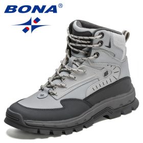 BONA 2022 New Designers High-Top Hiking Boots Men Action Leather Outdoor Wear-Resistant Non-Slip Snow Shoes Man Ankle Boots Soft (Color: Light gray dark grey)