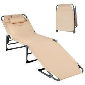 Folding Chaise Lounge Chair Bed Adjustable Outdoor Patio Beach (Color: Beige)