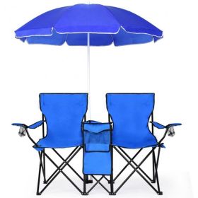 Portable Folding Picnic Double Chair With Umbrella (Color: Blue)